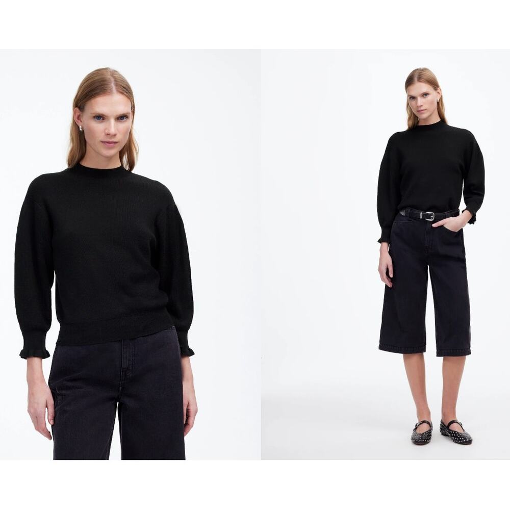 Madewell 100% Merino Wool Sweater Medium Black Mock Neck Ruffle Cuff